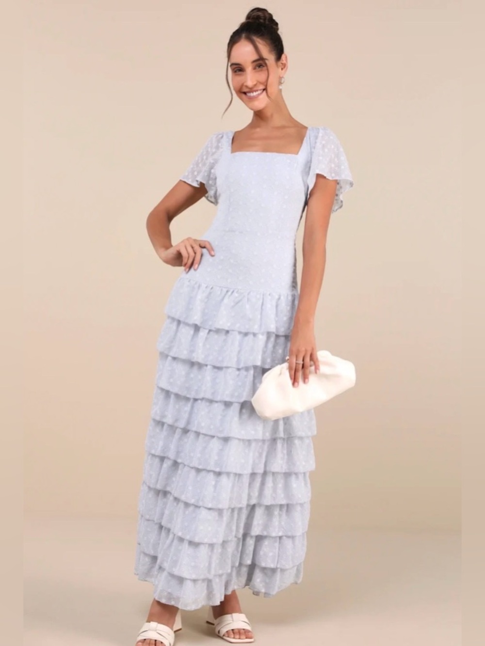 Lulus Large Delightful Favorite Light Blue Eyelet Drop Waist Tiered Maxi Dress